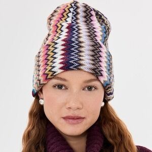 Missoni Chevron Stripe Zig Zag Beanie Wool Blend Rainbow One Size Made in Italy